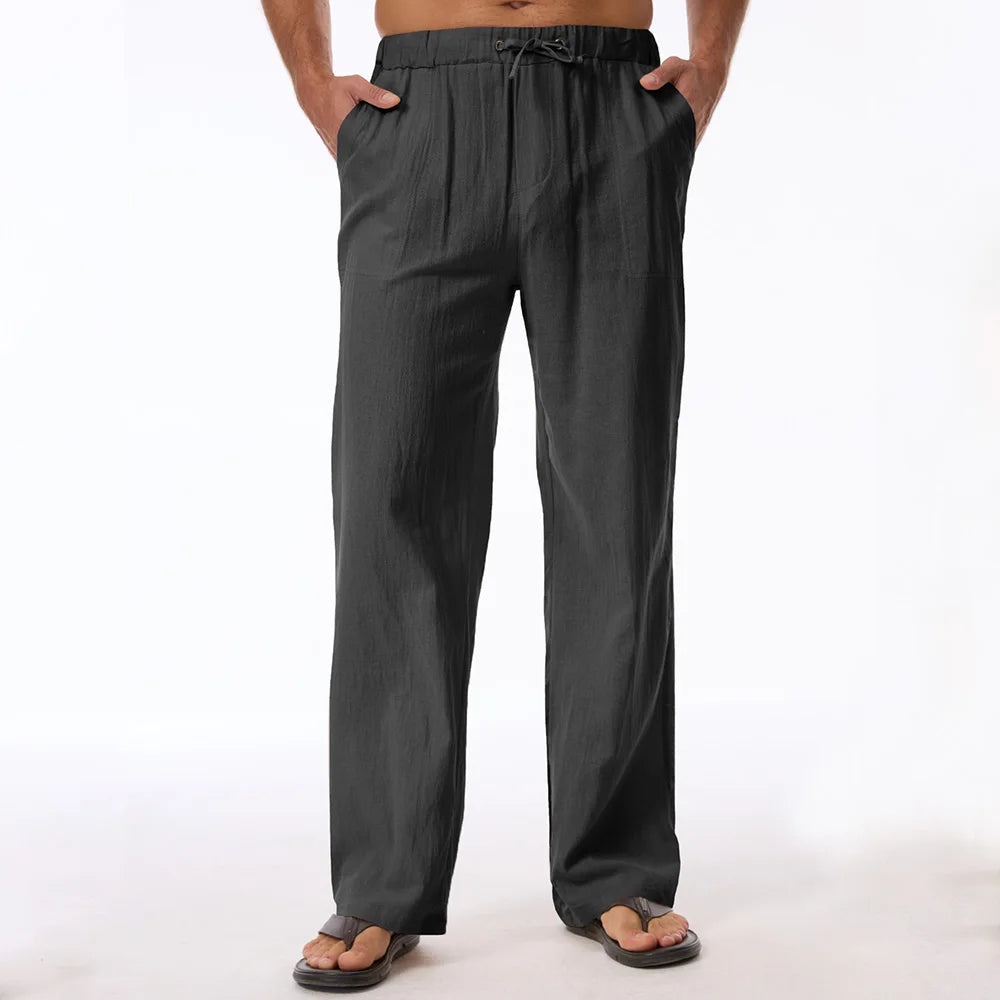 Men's Cotton Linen Pants Solid Color Breathable Lightweight Elastic Waist Straight Leg Long Pants Male Casual Cozy Trousers