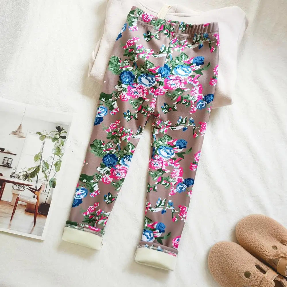 Floral Print Autumn Winter Velvet Warm Kids Pants for Girls Leggings