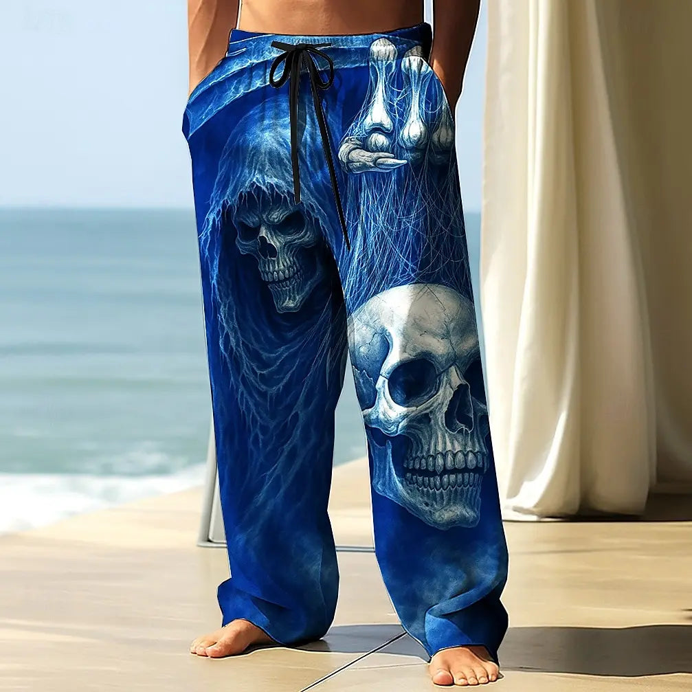 Men's Skull Skeleton Printed Trousers Baggy Pants Casual Pants Mid Waist Elastic Drawstring Waist Pants for Men Streetwear Fall