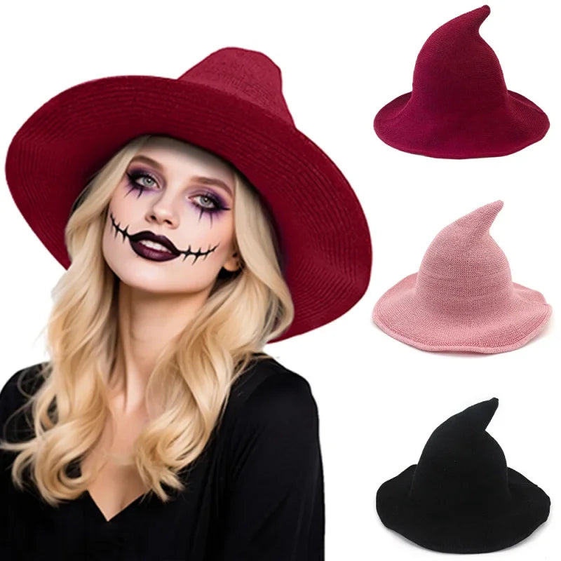 Women Witch Hat for Halloween Wool Hats Wide Brim Spire Knitted Cap Party and Daily