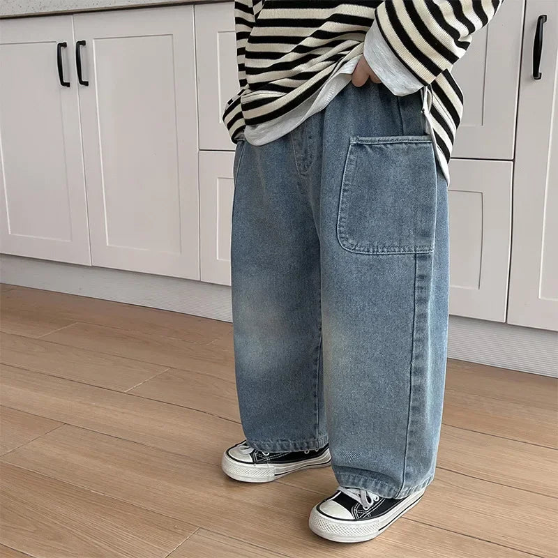 Boys Whiskered Casual Jeans, Childrens Spring Autumn New Pants, Small Medium Kids Trousers With Side Pockets for Daily Wear