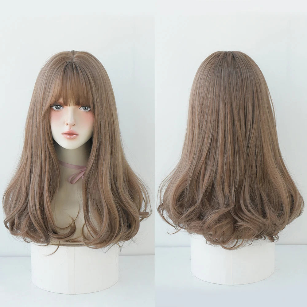 Long Curly Hair Women Wig with Bangs Daily Brown Black Pink Lolita Cosplay Braided Wigs Heat Resistant Fiber Party Fake Hair