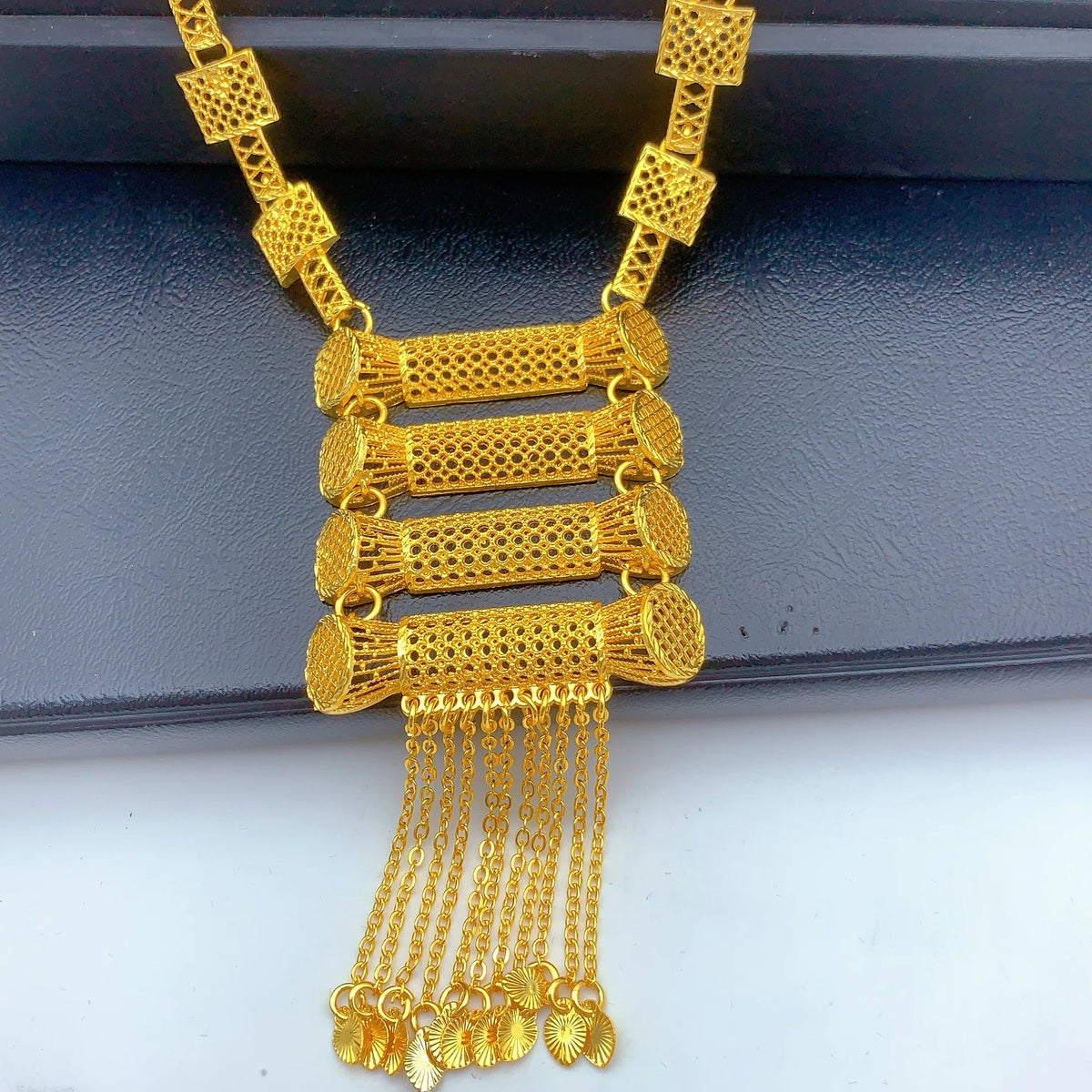 Dubai Jewelry Sets for Women Tassel Pendant Necklaces Earrings 4 Pieces Set 24K Gold Color Eritrean Wedding Party Gifts