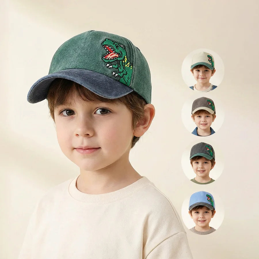 Children's Baseball Caps - Boys and Girls, Plaid Cotton Floppy Baseball Caps, Trendy Kids' Small Dinosaur Sun Protection Hats