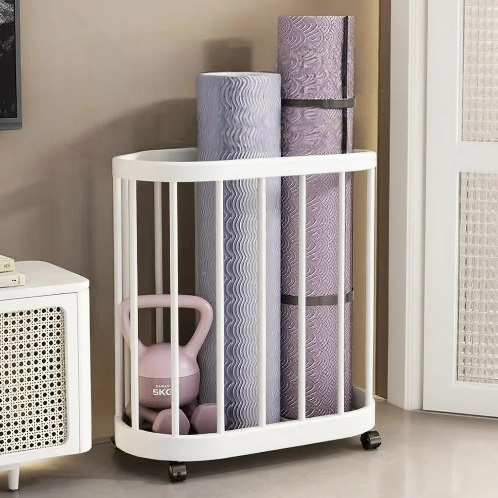 Multifunctional Wheeled Metal Sports Equipment Storage Rack - Modern Sports Equipment/Yoga Mat, Yoga Ball/Basketball, Soccer Ball, Volleyball/Badminton Racket Storage Rack, with Mesh Basket - Ideal Storage Solution for Home G