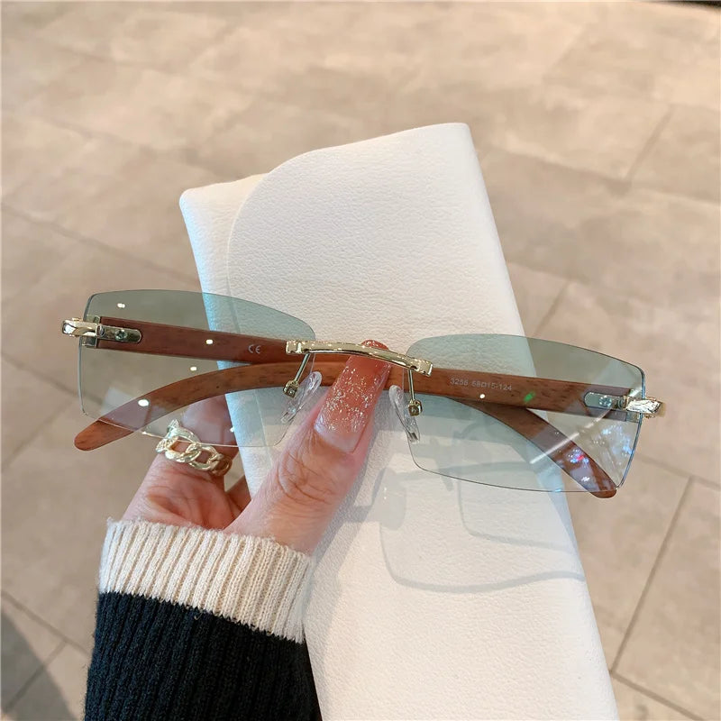 Rimless Sunglasses For Men Women Wooden Designer Luxury Brand Retro Sun Glasses Fashion Shades UV400 Travel Outdoor