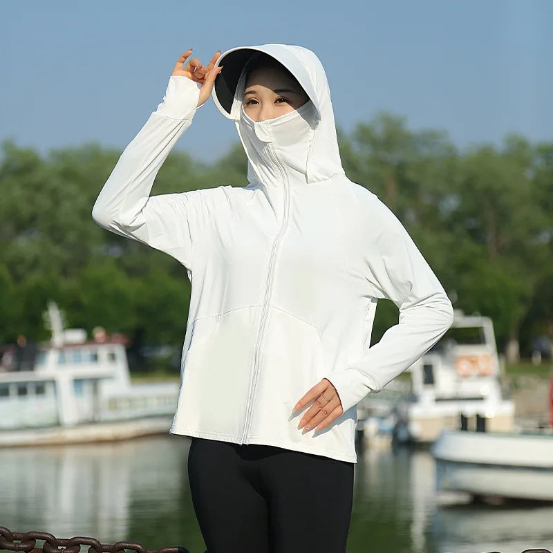 Adult Ice Silk Hooded Sun Protection Jacket Older Kids Outdoor Sports UV Protection Clothing Women's Hooded Sun Protection Coat