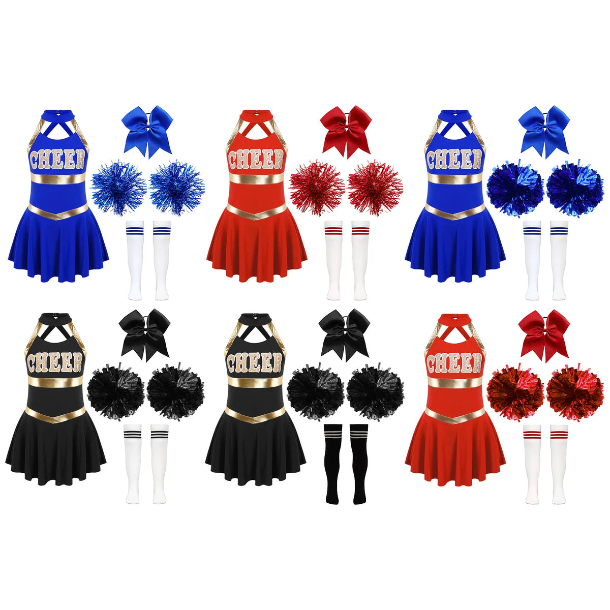 Kids Girls Cheerleading Costumes Childs Sleeveless Dress Hand Flowers Striped Socks Dancewear Sets Schoolgirl Cheer Dance Suits
