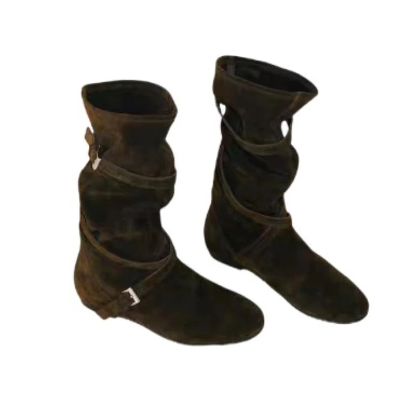 Women Flats High Boots Suede New Casual Sport Shoes Mid Calf Pleated Chelsea Fashion Boots Trend Woman Sneakers Walking Botas
