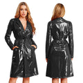 Women PU Leather Long Trench Coat Blazer Glossy Lapel Open Front Long Sleeve Jacket Overcoat with Belt Party Clubwear Streetwear