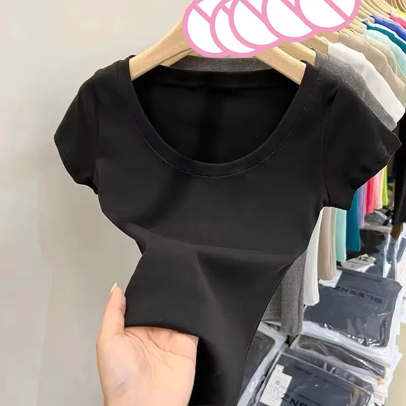 Women's Clothing U-neck T-Shirts Tops Tees pure cotton shoulder sleeved summer solid color slimming short low neck bottom shirt