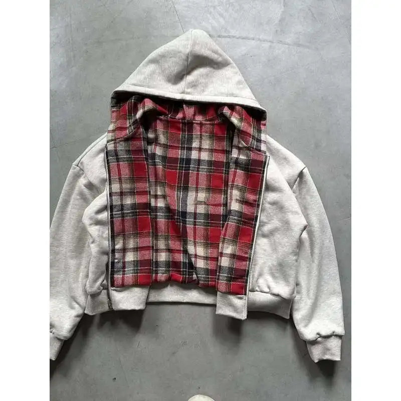 Autumn and winter street double-sided y2k personalized plaid zipper hoodie hooded sweatshirt