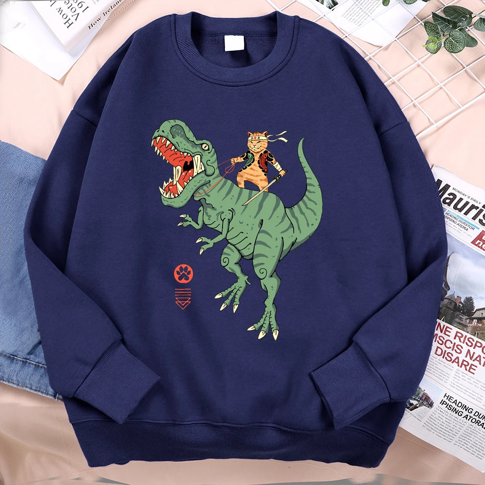 Japanese Harajuku Riding Dinosaur Cat Men Women Hoodie Fashion Fleece Hoodies Autumn Casual Clothing Fleece Oversized Streetwear