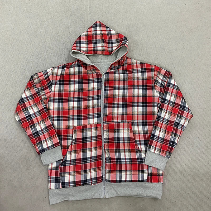 Autumn and winter street double-sided y2k personalized plaid zipper hoodie hooded sweatshirt