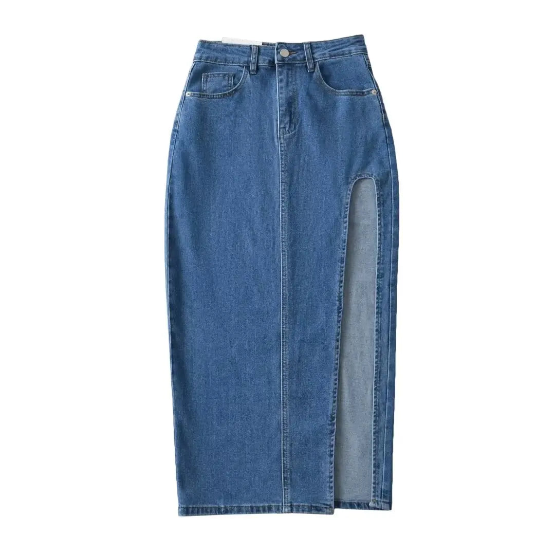 2024 Summer Midi Skirts Vintage Clothes Sexy Skirts For Women Blue Jeans Skirt High Waisted Denim Skirt Split Thigh Denim Skirt