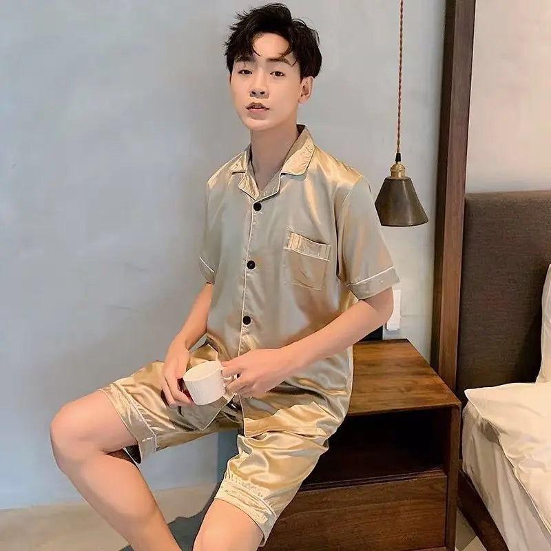 KIDWHXR Man Pajama Set Summer Single-breasted Shirt Male Loose Straight Shorts Men Ice Silk Comfortable 2-piece Sleepwear Outfit