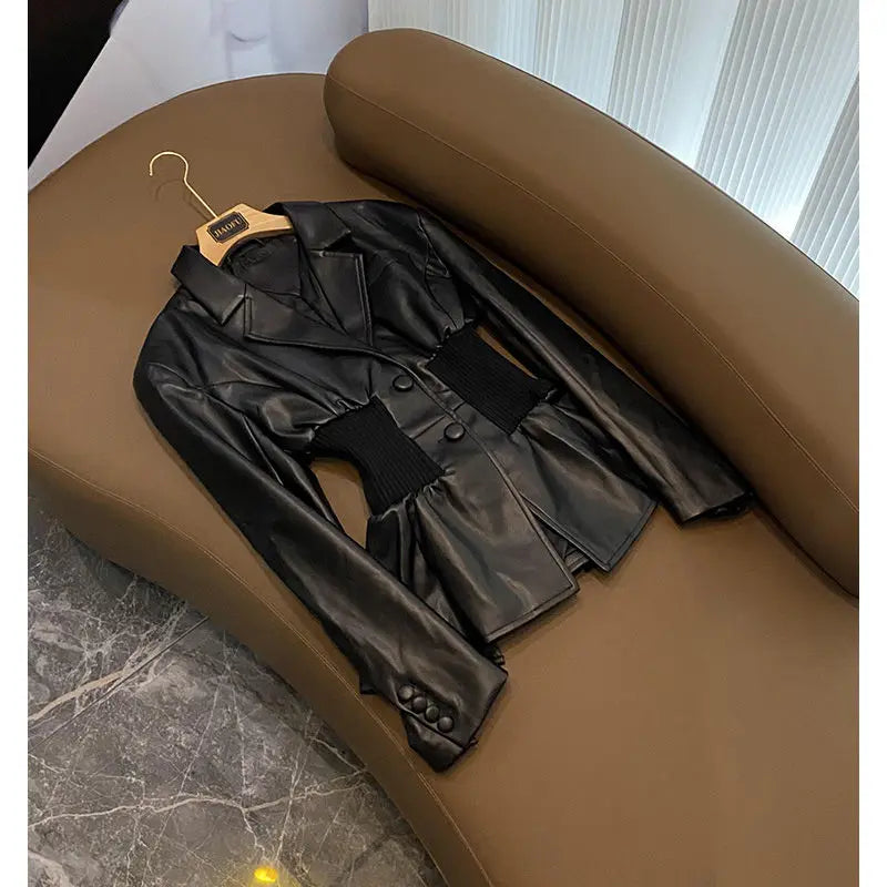 Black Suit PU Jacket Women Tops Splicing Knitted Waist Cinching Silhouette Suit Coat Winter Clothes Loose Casual Blazers Women