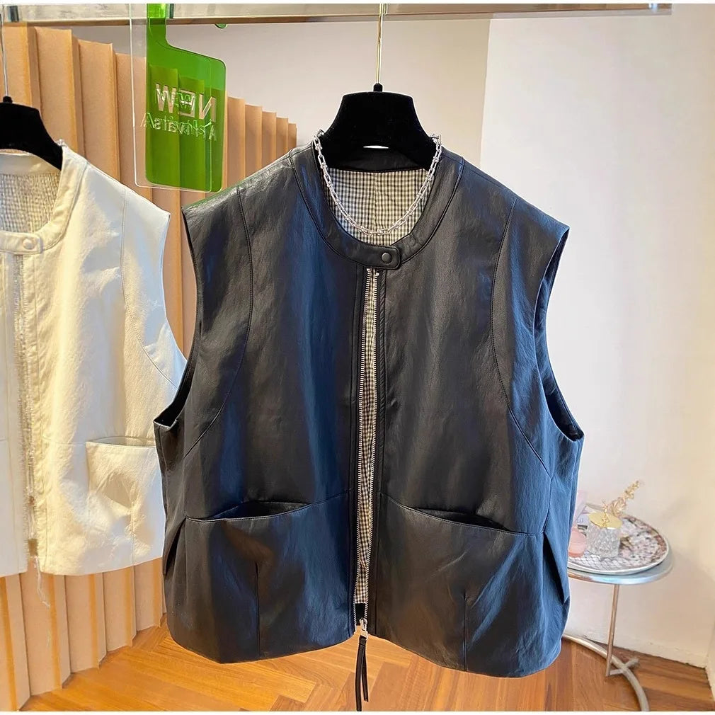 Pu Leather Vest Women's Spring And Autumn Loose Sleeveless Vests Waistcoat Tops Casual Women Coat