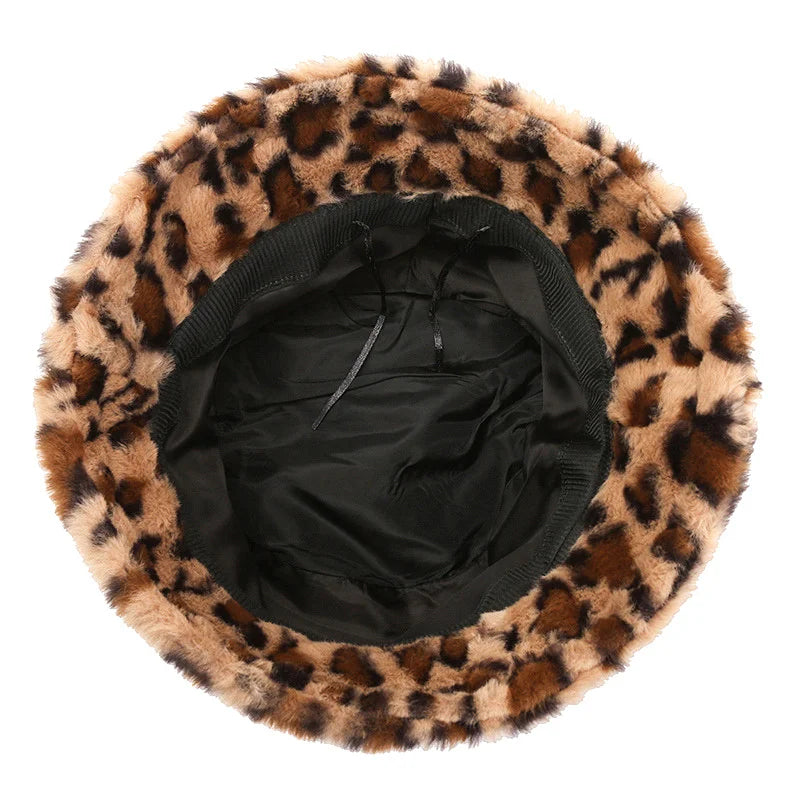 Female Vintage Faux Fur Fisherman Cap Hats For Women Dropshipping Winter Bucket Hat Women's Fashion Leopard Panama Warm Hats