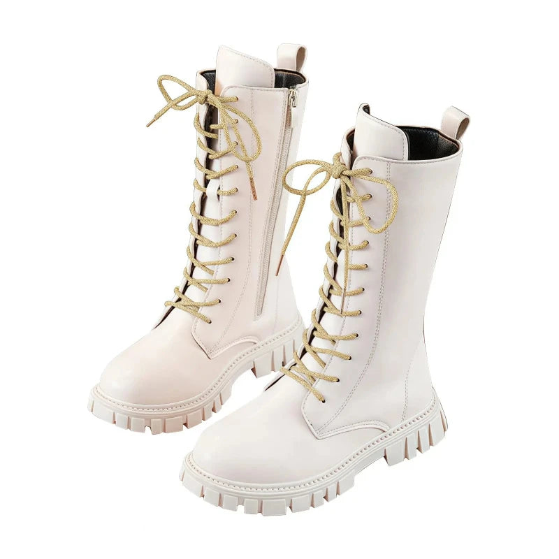 Girls White Lace-Up Boots Booties Side Zipper Soft Bottom Leather Dress/School Riding Boot Kids Autumn/Winter Fashion Mid Boots