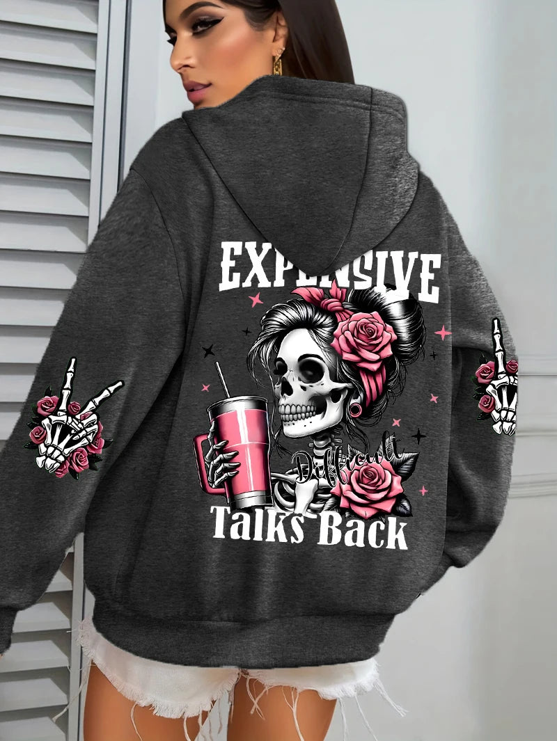 Expensive Talks Back Funny Printing Womens Plus Size Hoodie Multicolor Pullovers Fleece Autumn Sportswear Casual Pocket Hoody
