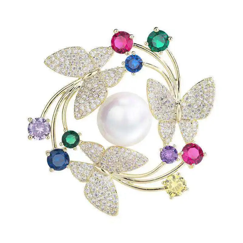 Elegant Women  Exquisite Fashion Crystal Pearl Flower Brooches Pins High-end Lady Rhinestone Suit Coat Accessories Jewelry