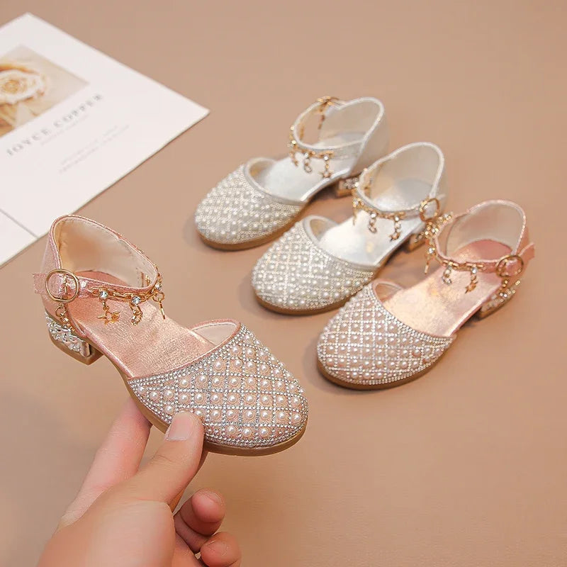 Girls High Heeled Shoes for Wedding Party Glitter Rhinestone Pendants Shiny Glitter Fashion Princess Kids Leather Dress Shoes