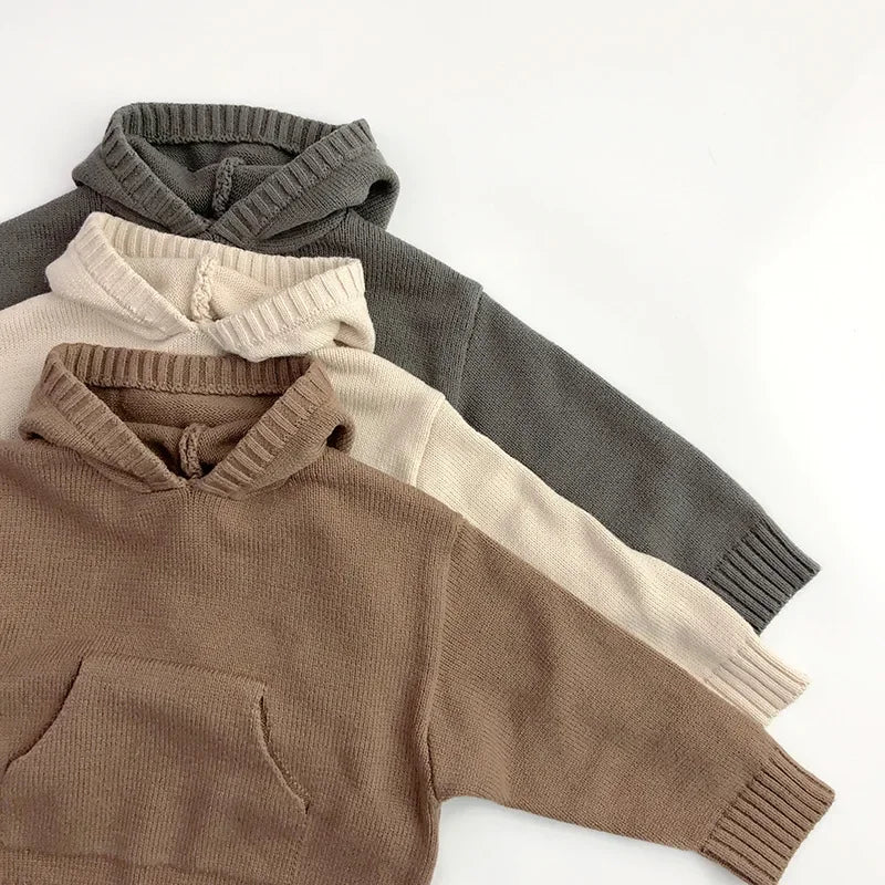 Spring Kids Hooded Knitted Sweater 1-6Y Girls Boys Cotton Solid Color Vintage Tops 2026 Children Pocket Pullover Outside Wear