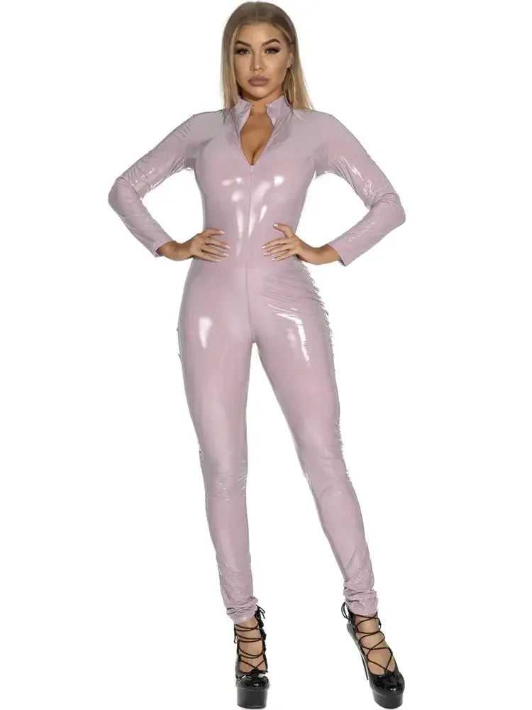 Sexy Hot Wet Look PVC Catsuit Shiny PU Leather Long Sleeve Two Way Zipper Open Crotch Bodysuit Tights Cosplay Conjoined 2024 New