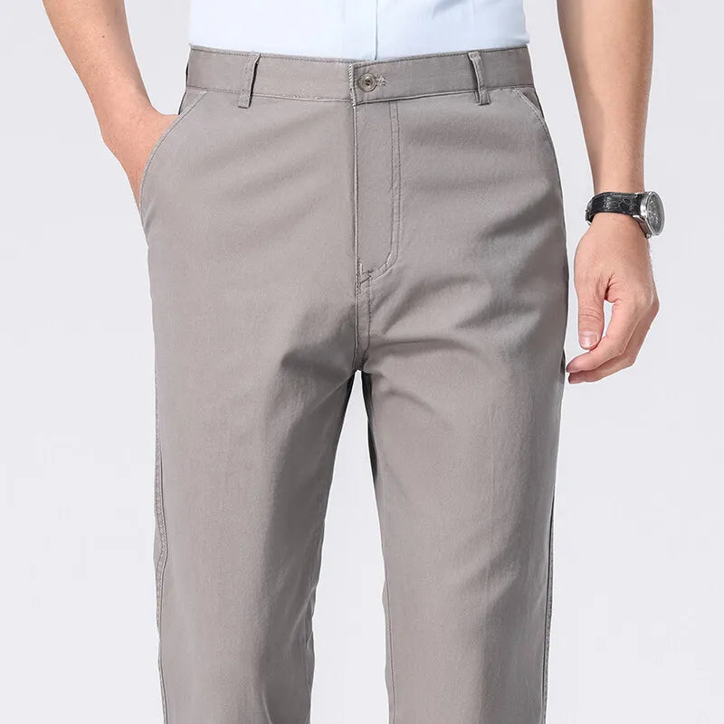 Spring Summer Cotton Suit Pants Men Solid Color Smart Casual Dress Trousers Man Lightweight Zipper Fly Straight Breathable Pants