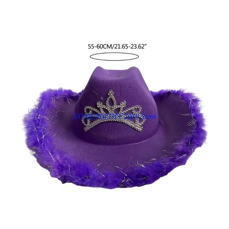 F42F Funny Party Hats Cowgirls Hat Furry Trims Ladies Western Hats for Womens Fedoras Western Cowgirls Hat Vintage