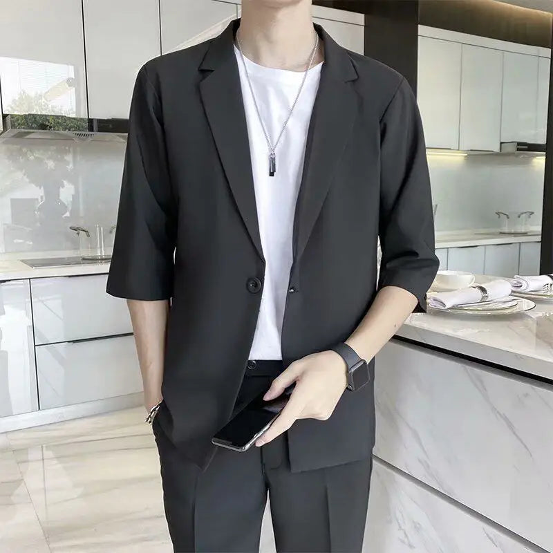 Men's Casual Half Sleeve Suit Jacket Polyester Fiber Breathable round Hemline Single Button Closure Standard Fit Adult Wear