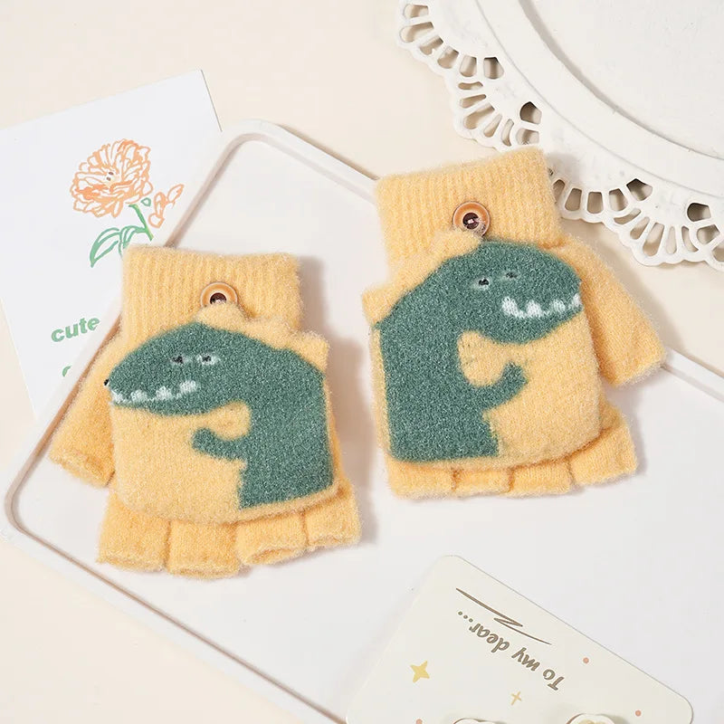 Children's Warm Gloves for Boys and Girls Cartoon Cute Half Finger Knitted Winter Flip Cover Baby Thick Cold Proof Five Fingers