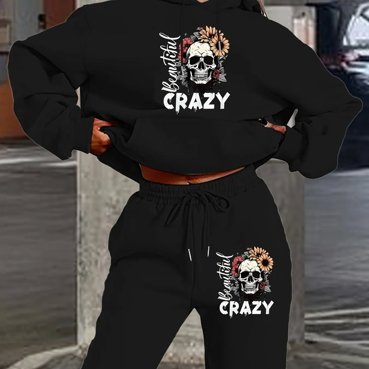 Women's Hoodie+Sports Pants Set Hip Hop Street Casual Skull Letter Printed Hoodie Loose Sports Shirt Autumn Warm Wool Clothing