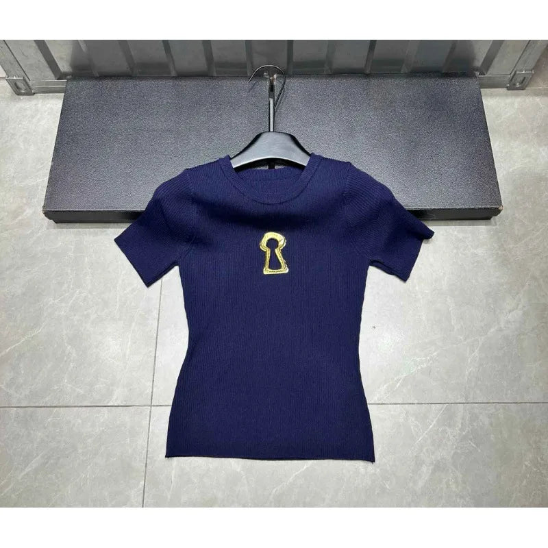 High Quality Summer New Hollowed Out Stand Up Collar Knitted Sweater Tshirt Women Commuting Slimming Sweater T-shirts Top