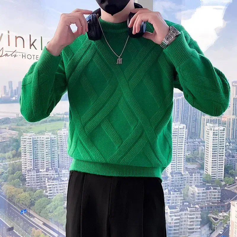 White Knitted Sweaters for Men Round Collar Green Crewneck Pullovers Man Clothes Clothing Knitwears Y2k Streetwear Fun Casual S