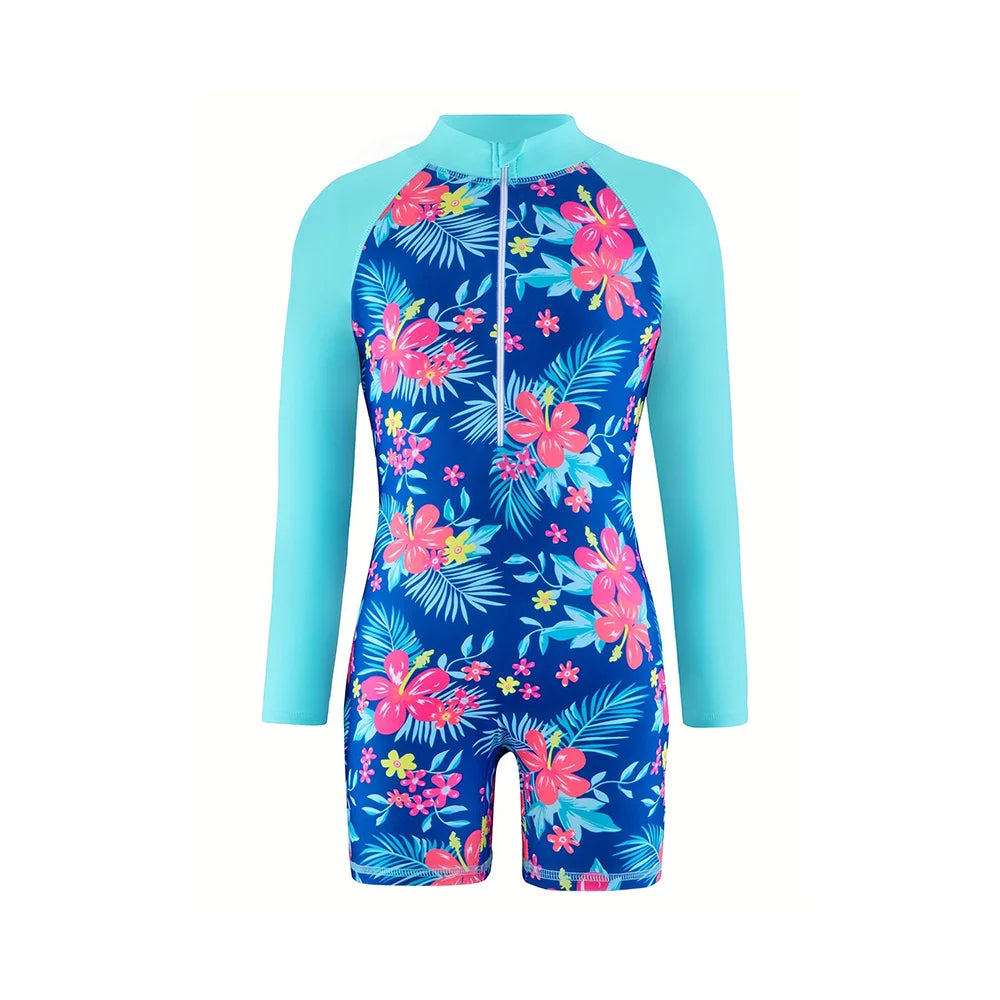 Children's Girls One-piece Swimsuit Girl Sunscreen Zipper Swimwear Long Sleeve Shorty Swimming Suit Kids Beachwear 3-12 Years