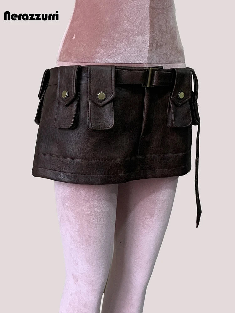 Spring Summer Brown Pu Leather Mini Skirt Women Three-dimensional Pockets Luxury Designer Vintage Emo Clothes Runway Fashion