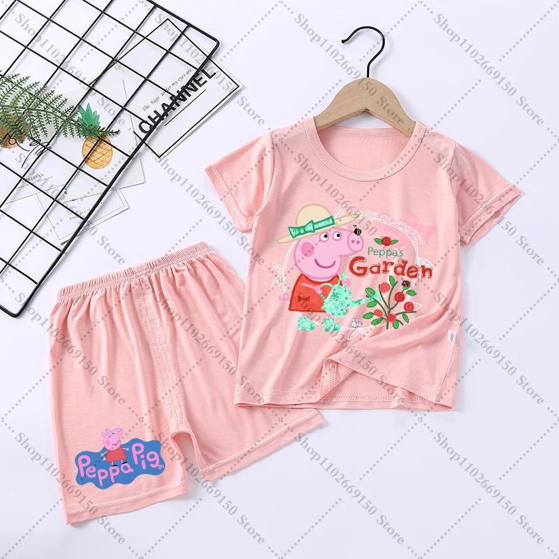 Children Anime Cute Pajama Set Cartoon Peppa Pigs Casual Pajamas Summer Clothing Nightwear Homewear Short Sleeve Loungewear Gift