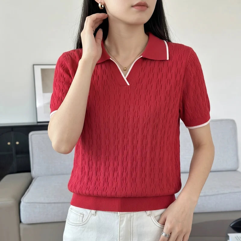 WinvyNee Spring Summer Women Cotton Polo V Collar Sweater Knitted Top Green Solid Short Sleeve Casual Pullover T-Shirt ZA1002042