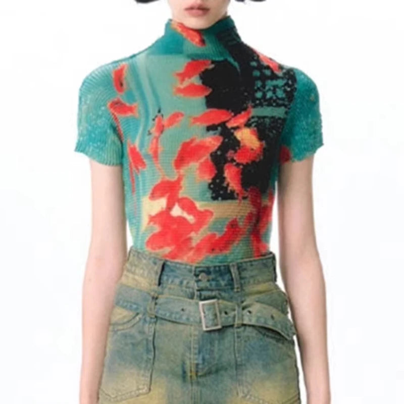 Retro Print High Elastic Design Blouse Women Summer Y2k Half High Collar Casual Thin Tops Korean Fashion 2000s Slim T-shirts New