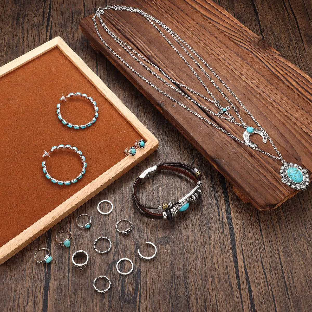 Turquoise Jewelry Set For Women Men Pendant Necklace Western Dangle Earrings Faux Leather Bracelets Boho Rings Set Jewelry Gift
