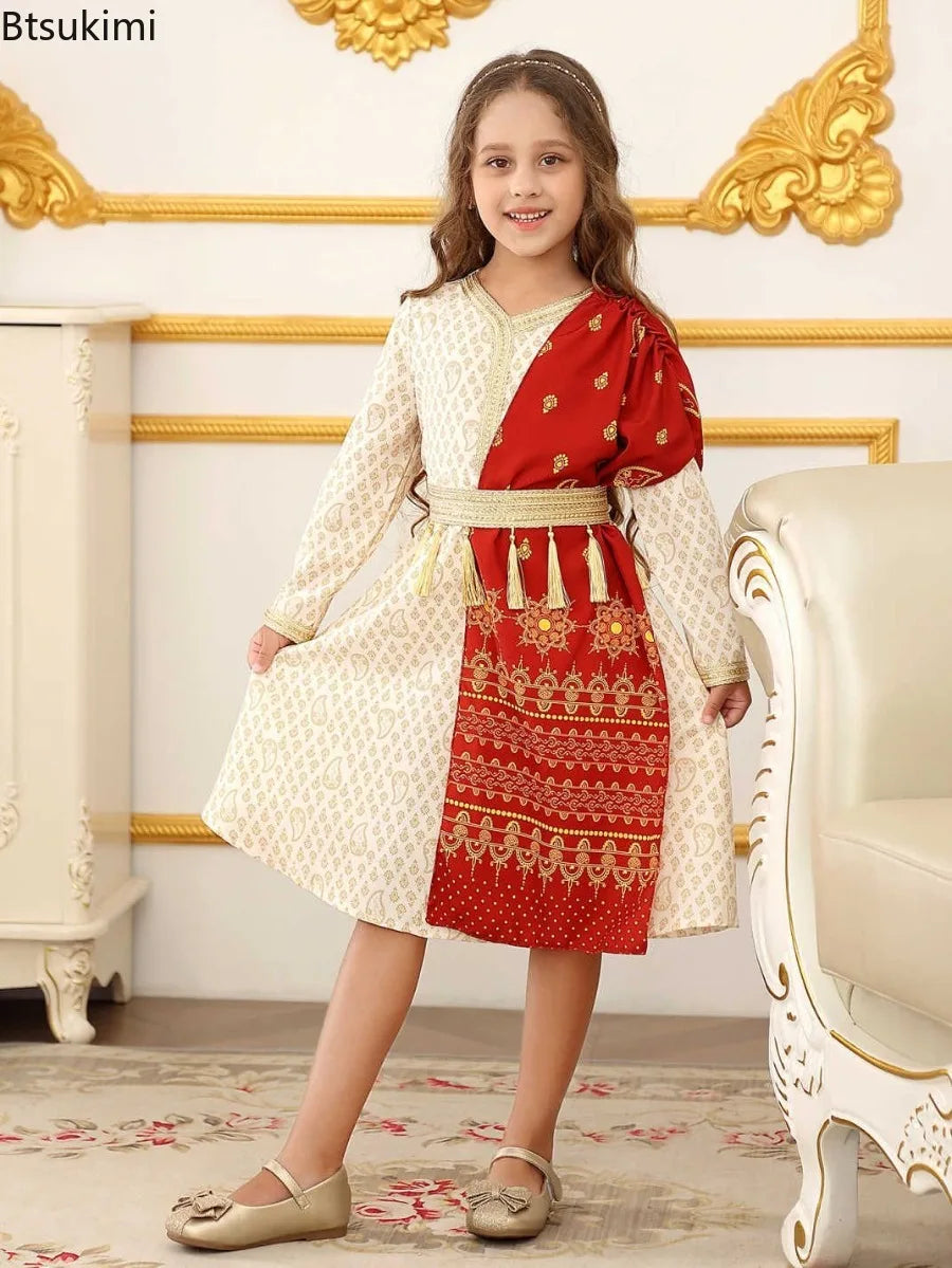 Kids Clothes Middle East Girls Dress Muslim Fashion Abayas Arabic Dubai Tassel Lace-up Gowns Islam Indian Wedding Party Dresses