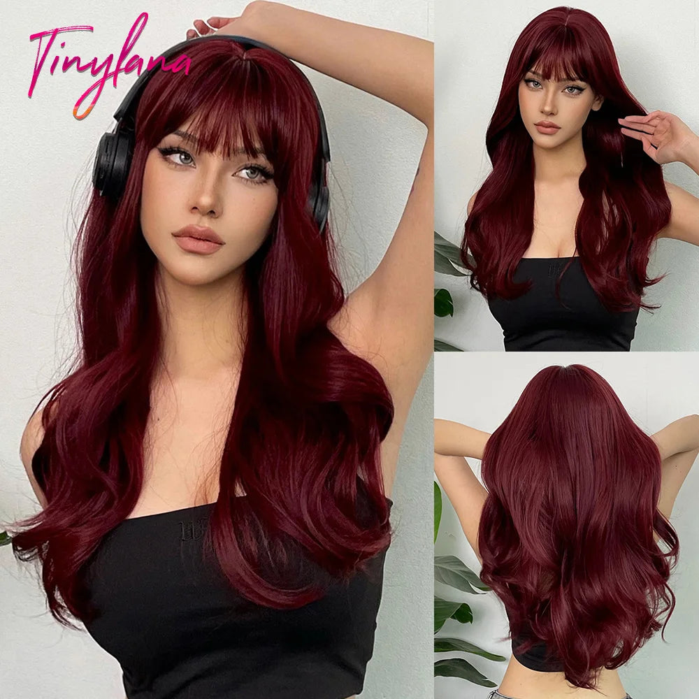 Wine Red Long Wavy Synthetic Wigs with Bangs for Women Colorful Burgundy Red Body Wave Cosplay Wig Halloween Heat Resistant Hair