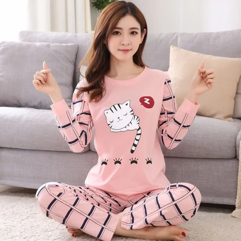 Autumn Thin 2Pieces Pyjamas Set Women 2026 Round Neck Girls Bear Pajamas Sets Teacup Cat Full Sleepwear Tops lovers Pajama Mujer