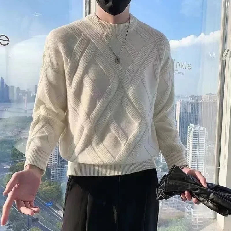 White Knitted Sweaters for Men Round Collar Green Crewneck Pullovers Man Clothes Clothing Knitwears Y2k Streetwear Fun Casual S