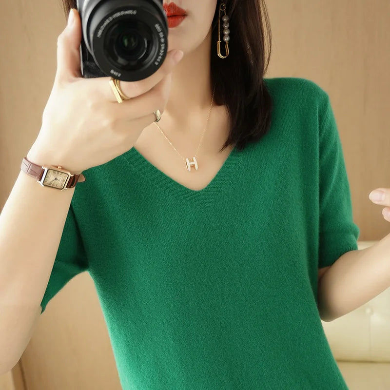 Women Sweater Casual Short Sleeve Pulls 2025 Spring Summer V-neck Knitwears Korean Fashion Shirts Tops Pullovers Soft Jumpers