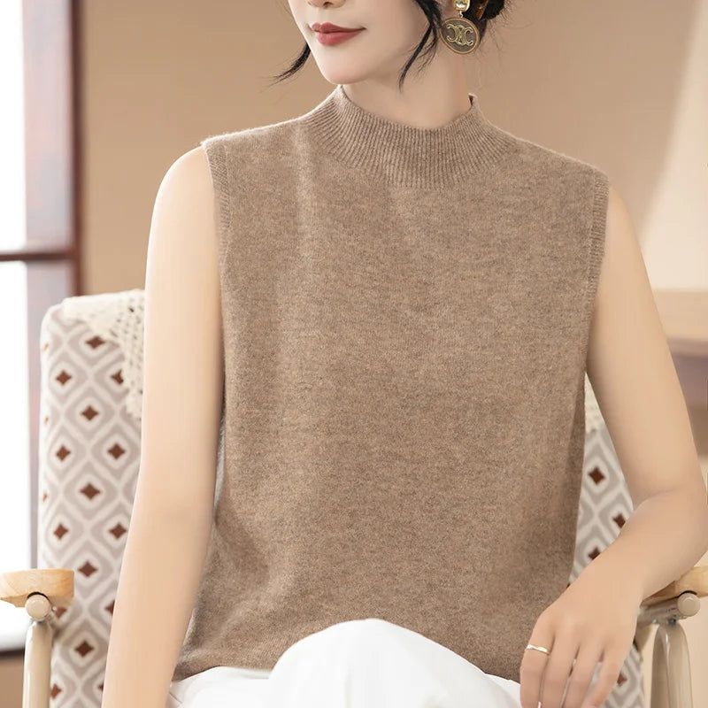 2025 New Spring and Summer 100% Merino Wool Sleeveless Mock Neck Pullover Women's Solid Color Sweater Women's Clothes