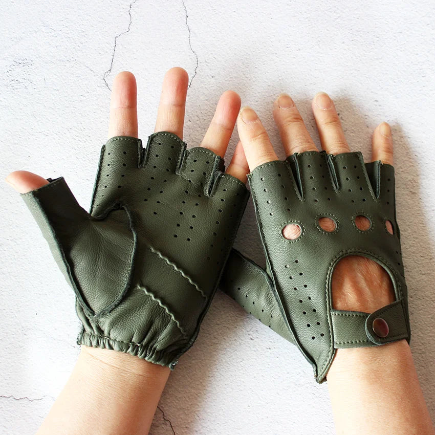 Men's Summer Driving Gloves Goat Leather Half Finger Thin Outdoor Sports Fashion Military Green Motorcycle Riding Outdoor Gear