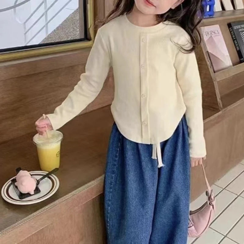 Children T-Shirts Slim Top Solid Color Fashion Breasted T-shirt Long Sleeve Girls Play Undershirt Kids Clothes for Girls
